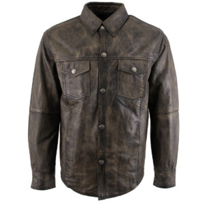 Men’s Lightweight Distressed Brown Leather Shirt Jacket with Carry Conceal Pocket CI – 00078