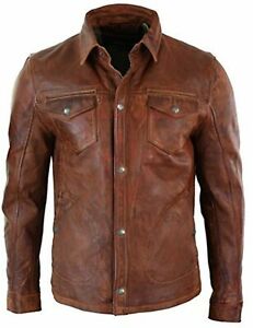 Men’s Lightweight Brown Leather Shirt Jacket with Carry Conceal Pocket CI – 80002
